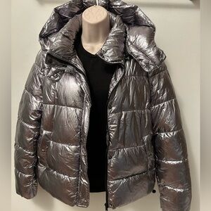 Metallic Puffer Jacket Silver Chrome Hooded Women’s